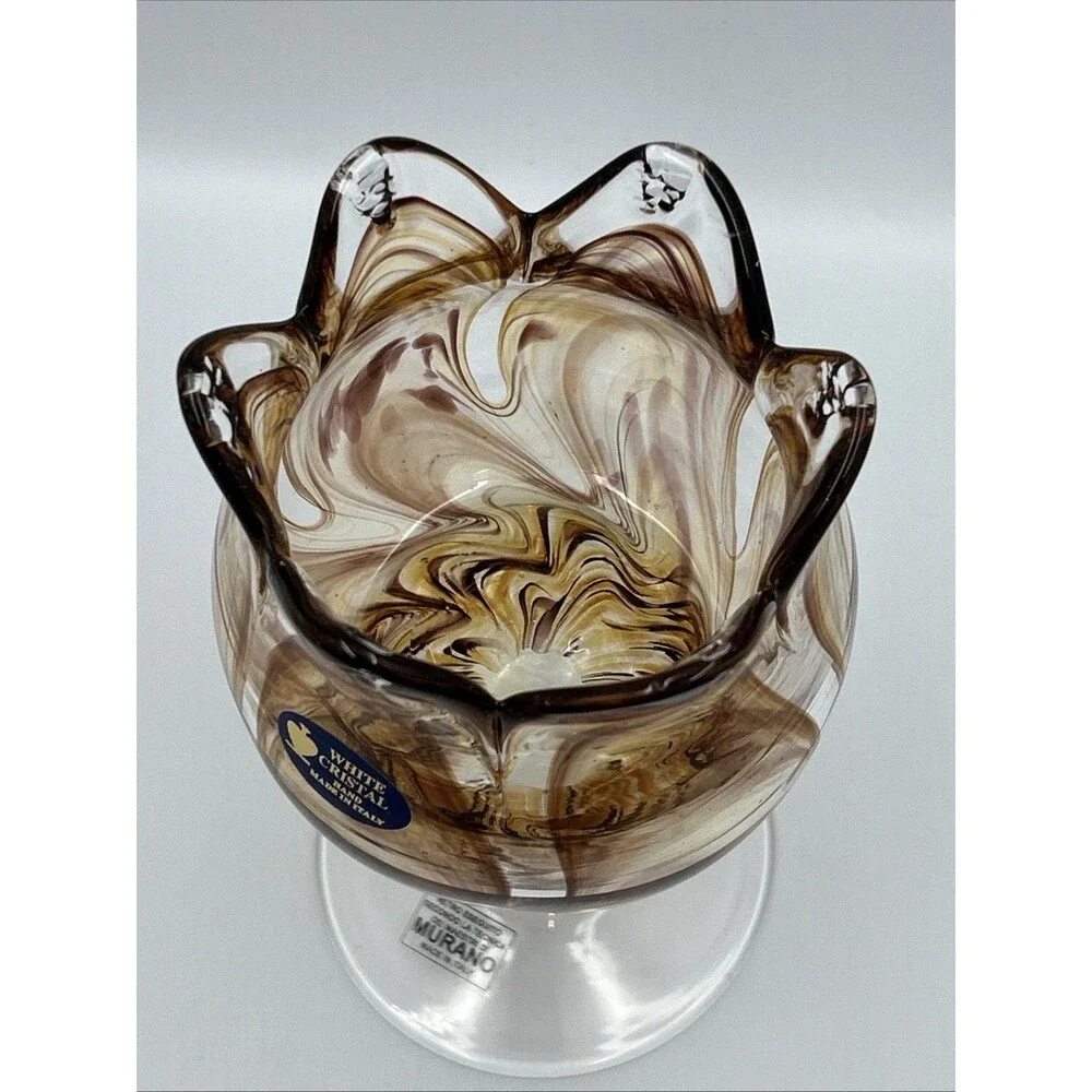 MURANO Italy Hand Blown White Cristal Light Amber Art Glass Petal Vase Bowl